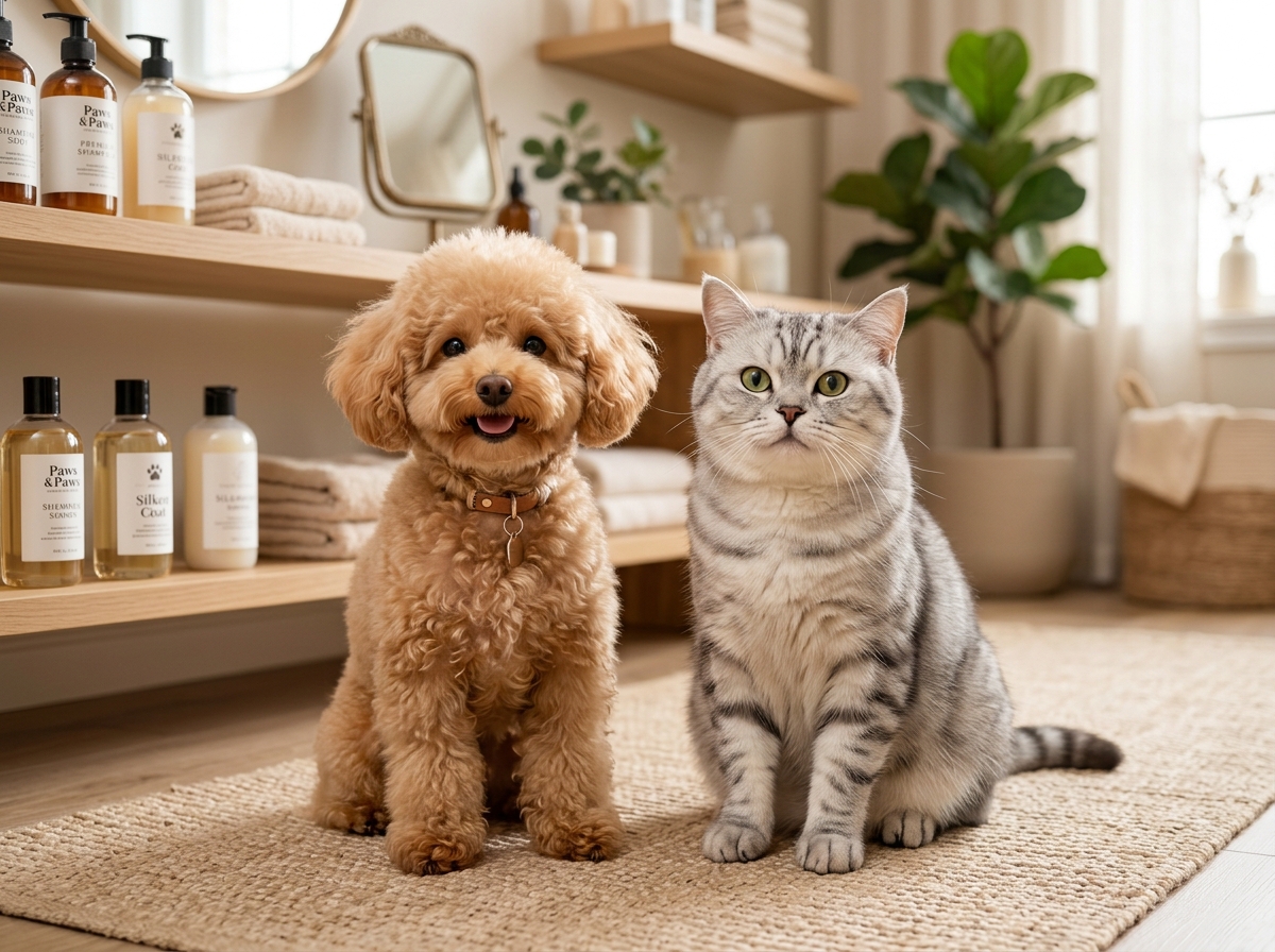Bakımlı bir köpek ve kedi Elvis Pet salonunda